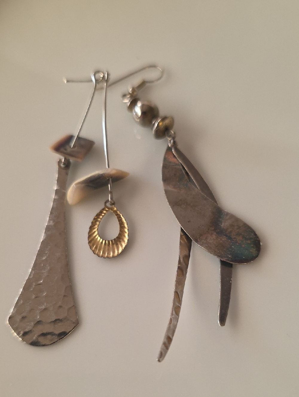 Handcrafted Unmatched Mixed Metal and Shell Drop Earrings